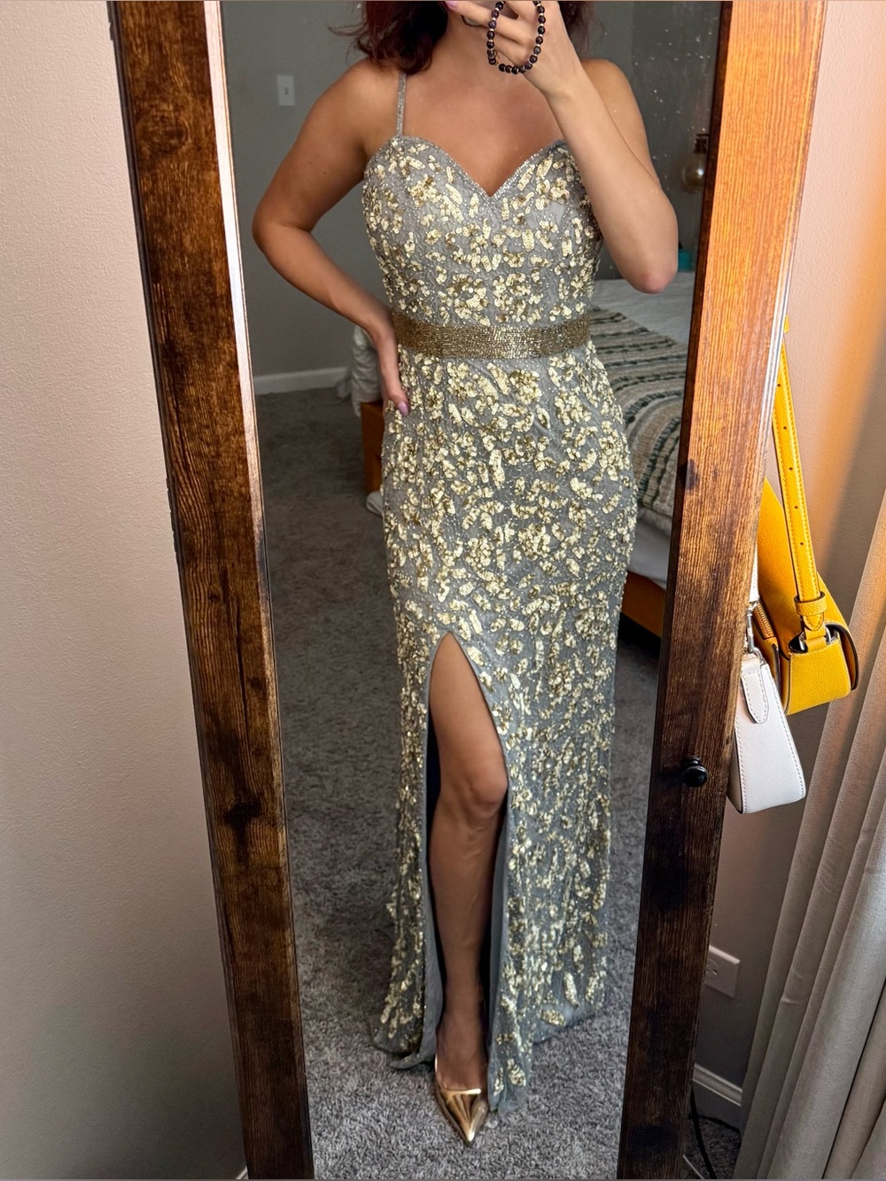 Mac Duggal Gray w/ Gold Sequin Evening Gown